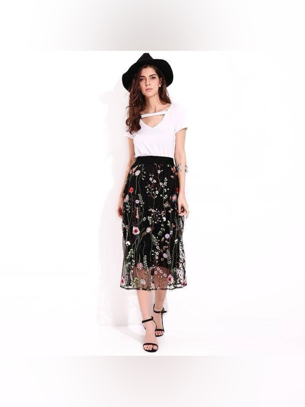 Aratta Silent Journey Black Floral Embroidered Tulle Midi Skirt Sz-M